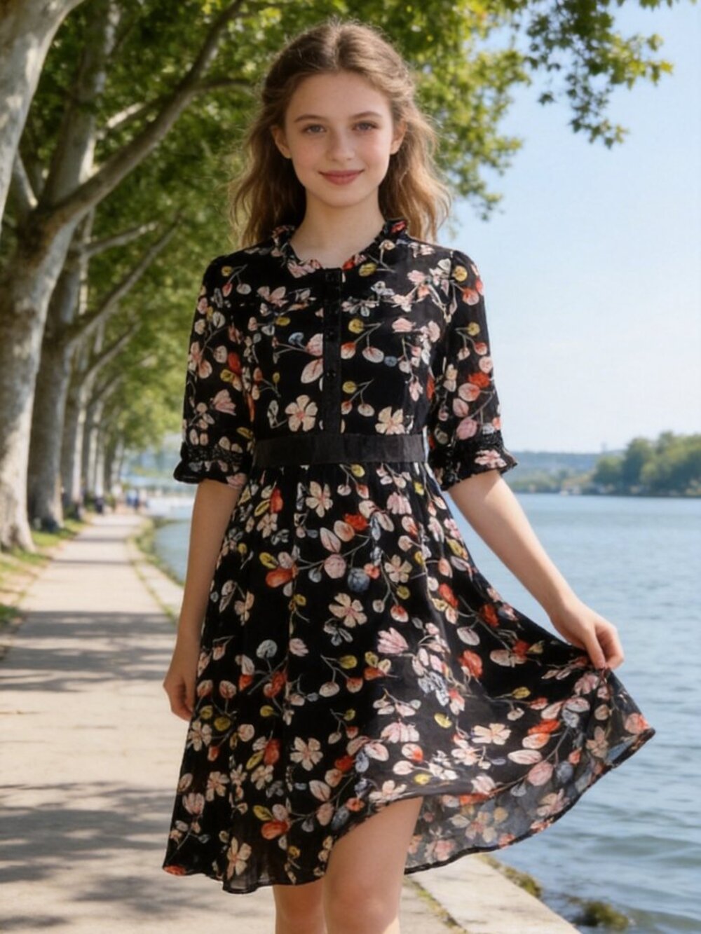 #69295 A chiffon dress with a black base and pink leaf print.